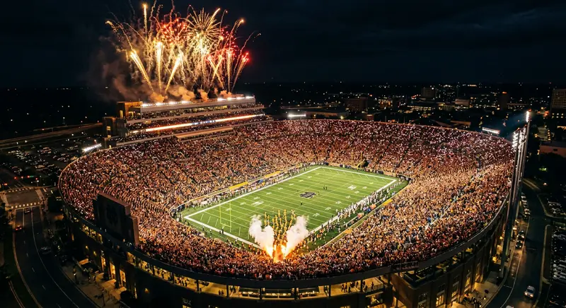 Sold-out college football stadium at night with fireworks as the team runs onto the field