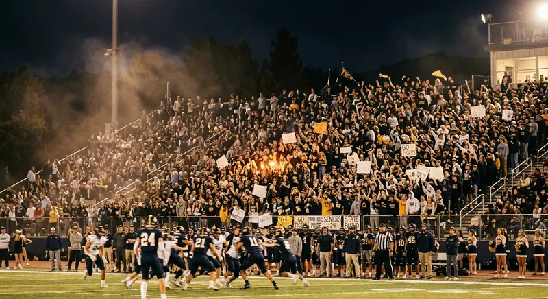 Packed high school stadium student section cheering under Friday night lights