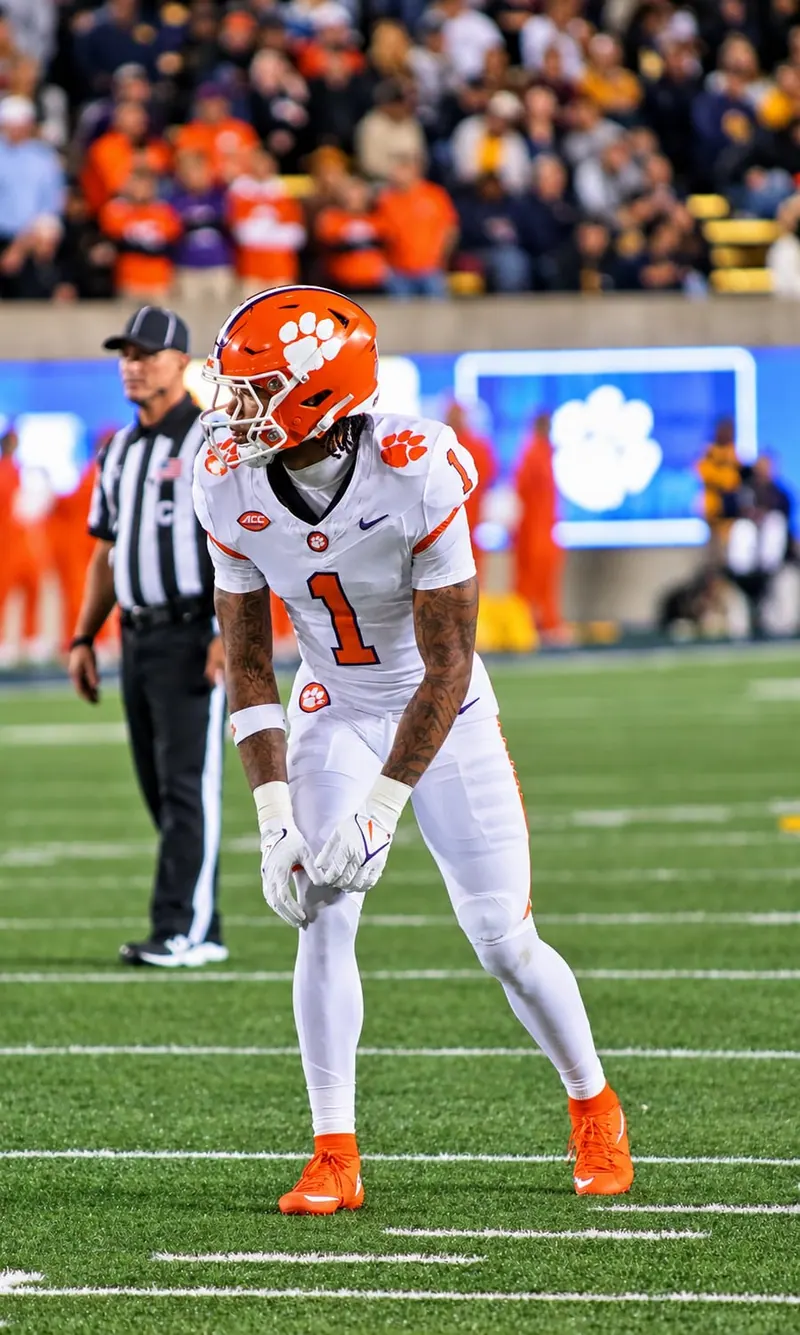 Clemson Tigers number 1 in a receiver stance at a night game